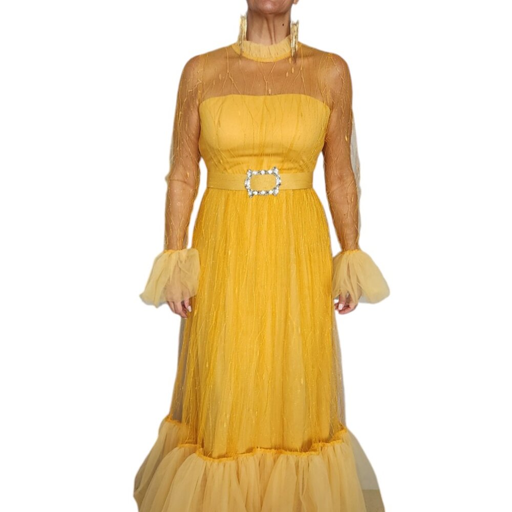 Women's Yellow Tulle Evening Gown with Sheer Sleeves Rhinestone Belt Size S